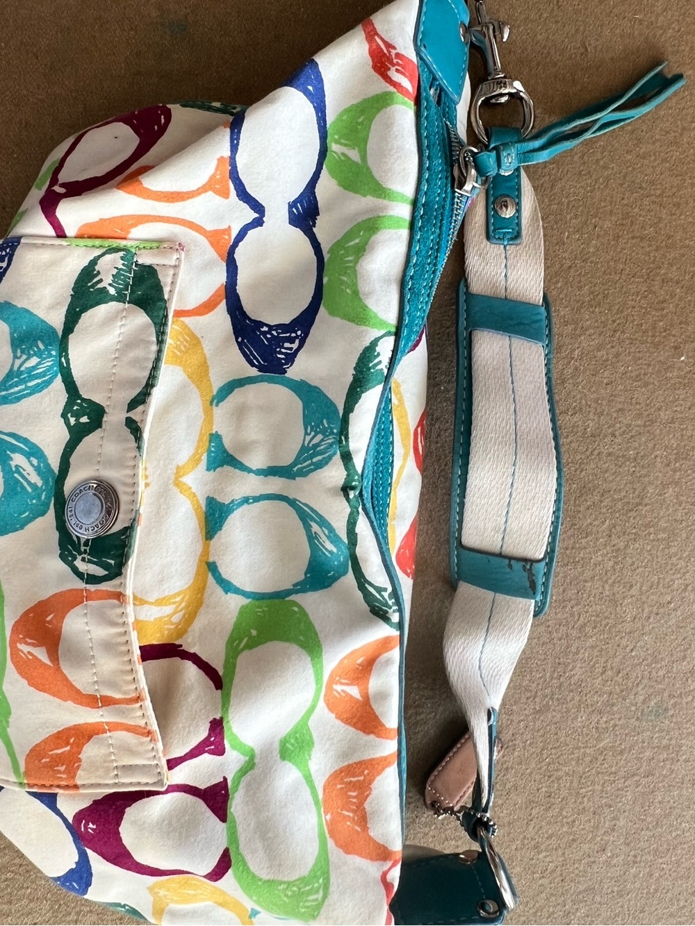 Coach Multicolor Canvas Shoulder Bag with Teal Trim
